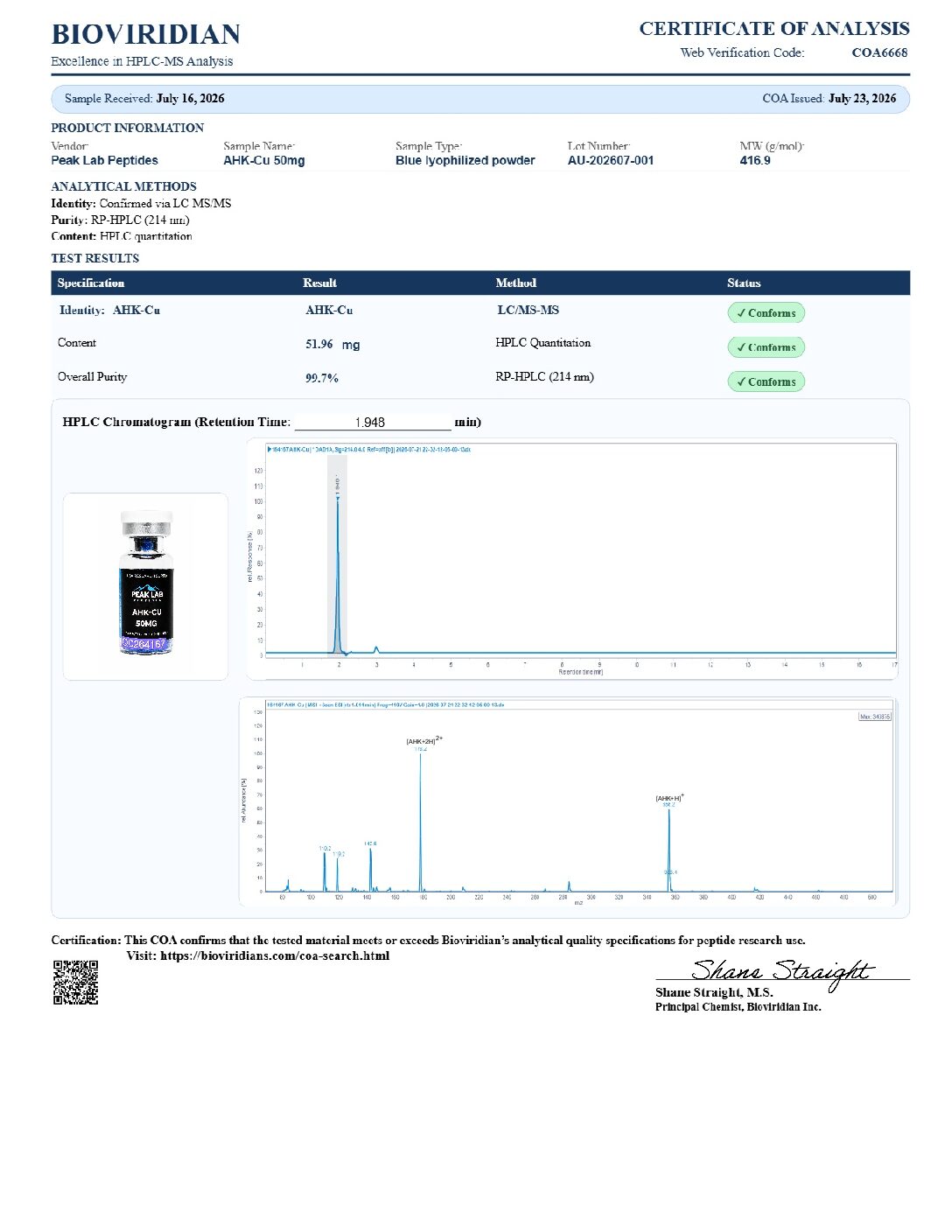 Certificate of Analysis for batch AU-202607-001
