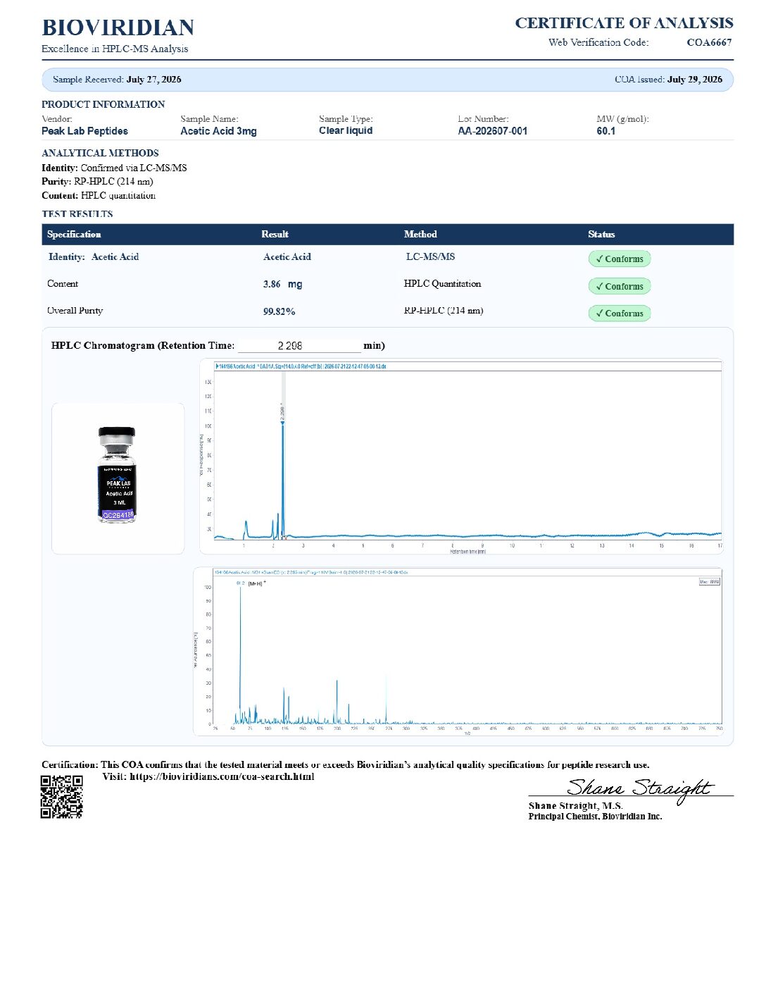 Certificate of Analysis for batch AA-202607-001