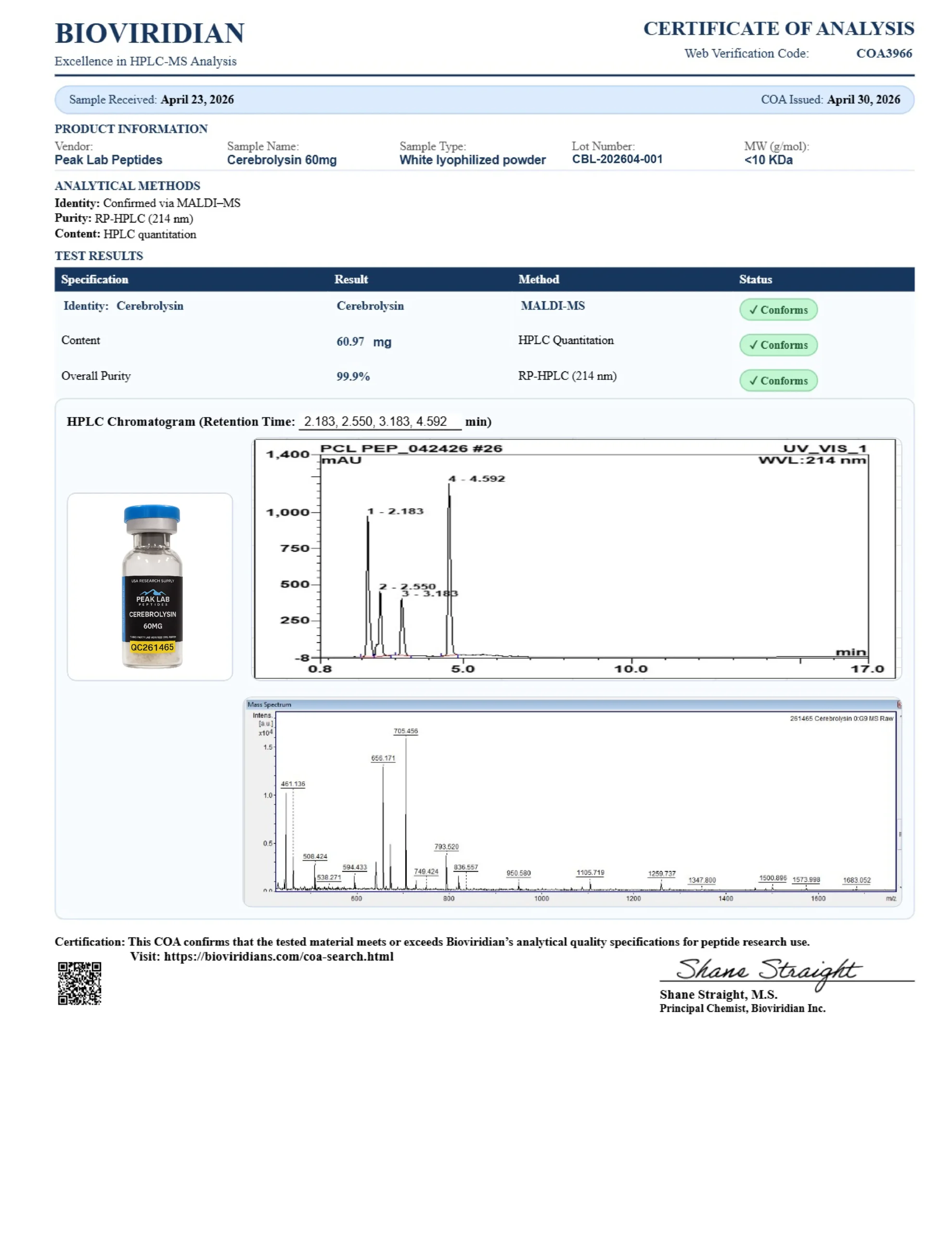 Certificate of Analysis for batch CBL-202604-001