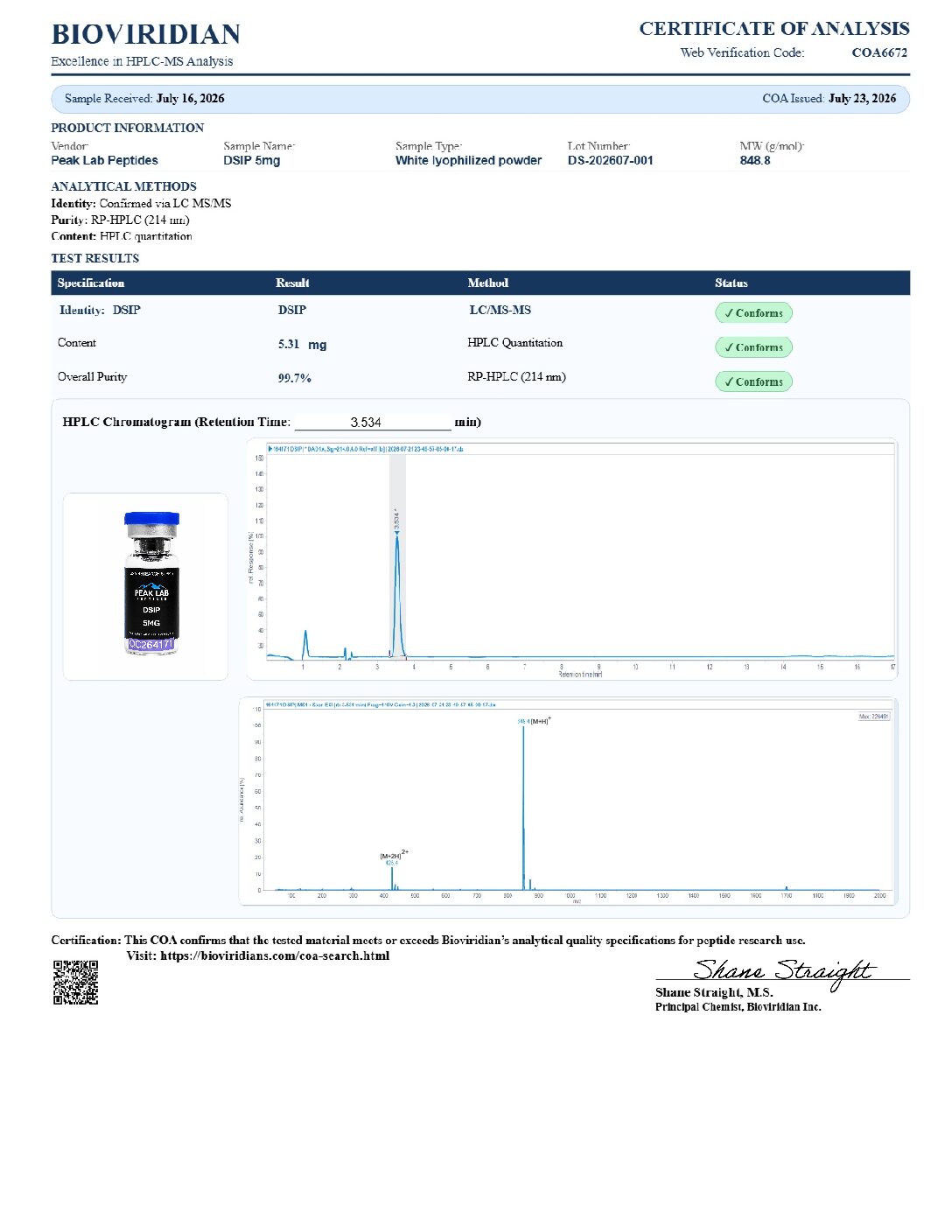 Certificate of Analysis for batch DS-202607-001