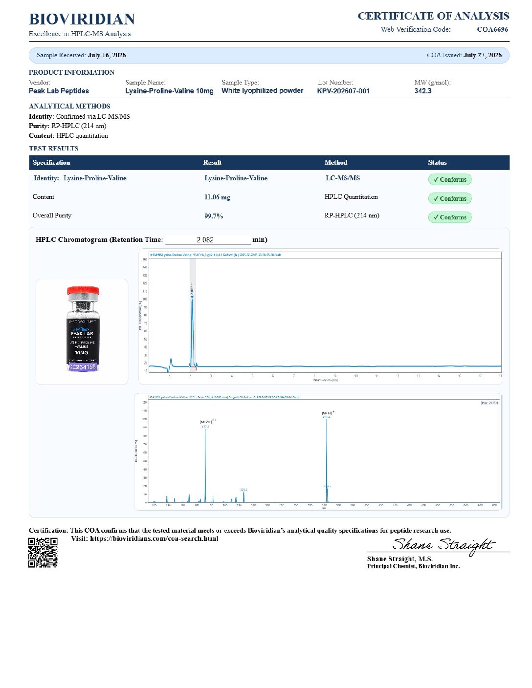 Certificate of Analysis for batch KPV-202607-001