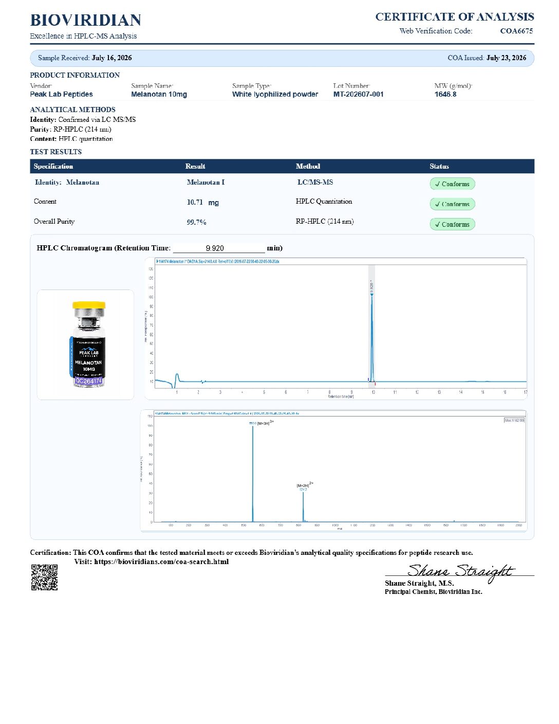 Certificate of Analysis for batch MT-202607-001