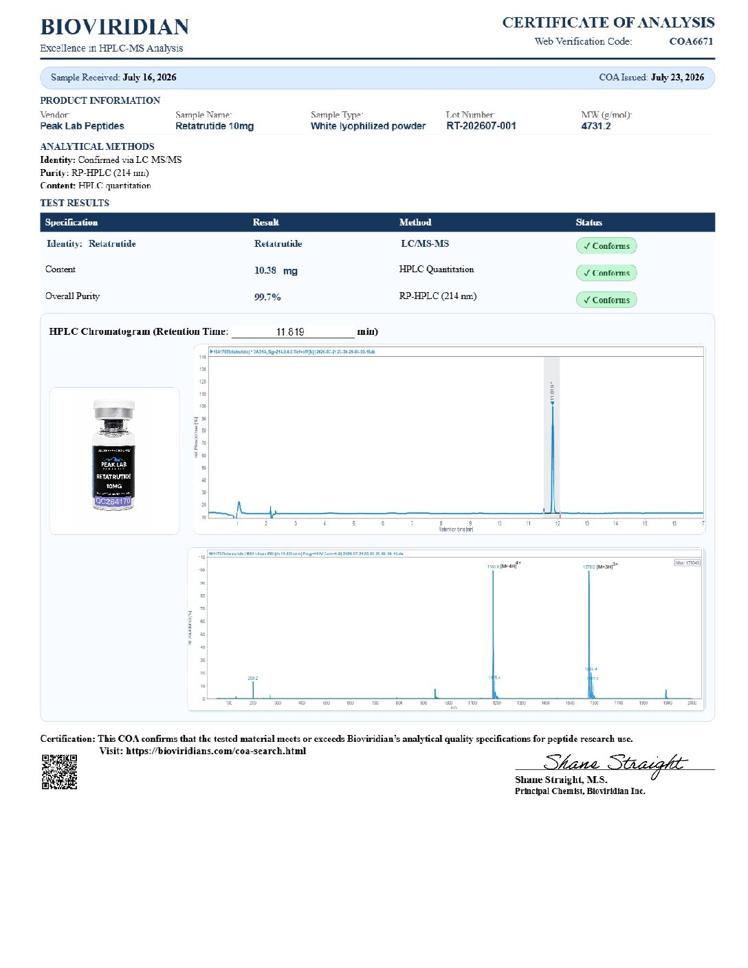 Certificate of Analysis for batch RT-202607-001