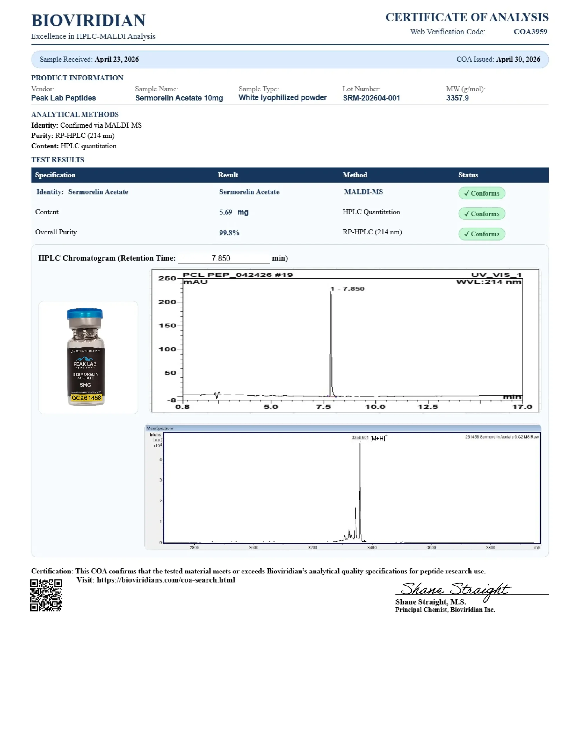 Certificate of Analysis for batch SRM-202604-001