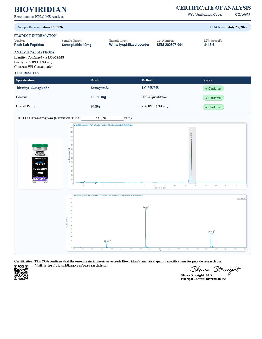 Certificate of Analysis for batch SEM-202607-001