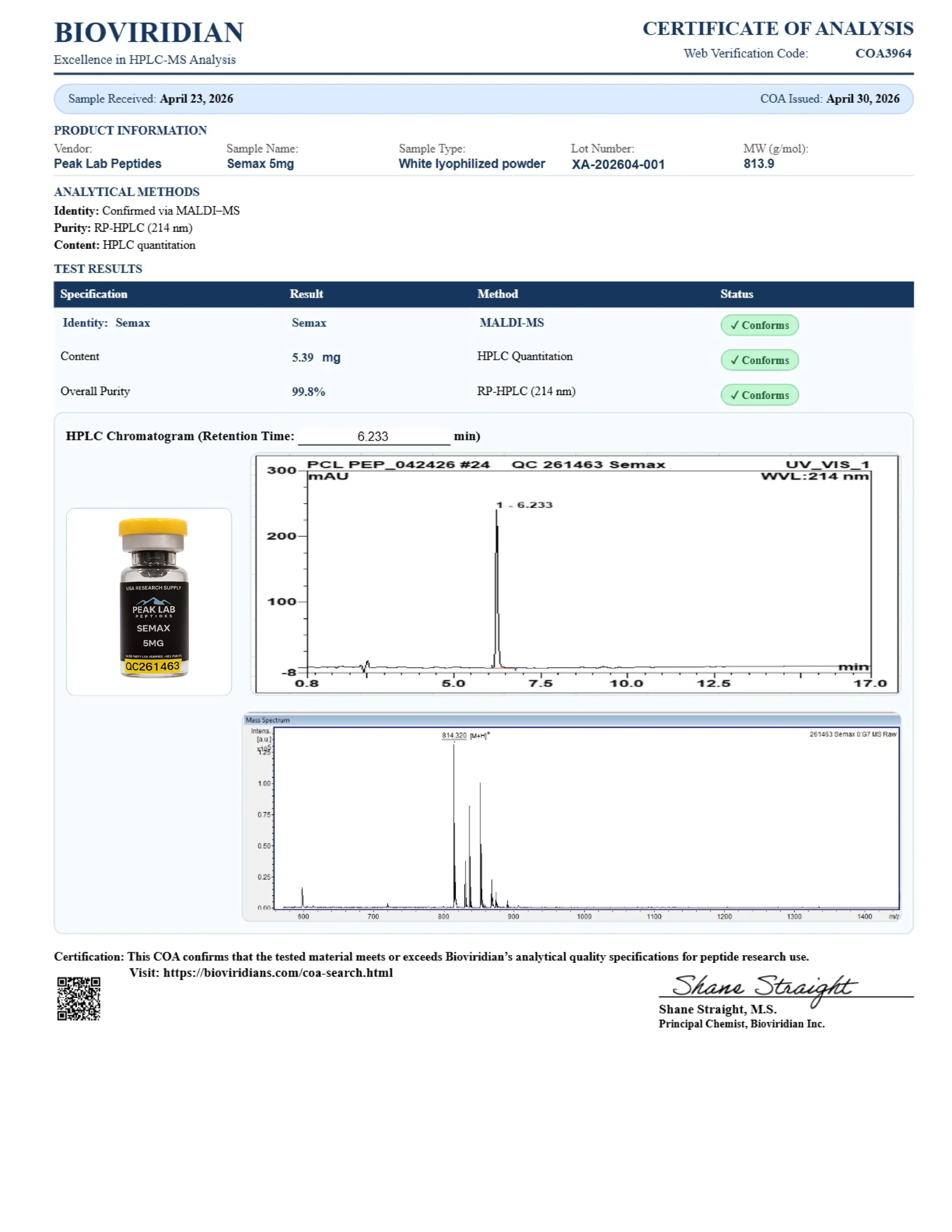 Certificate of Analysis for batch XA-202604-001